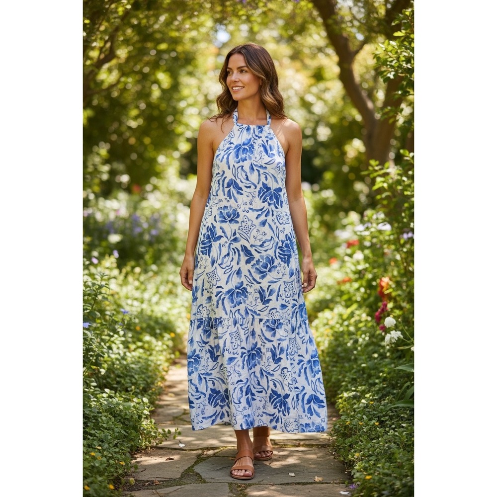 1.STATE Blue White Floral Halter Maxi Dress Tiered Sleeveless Size M